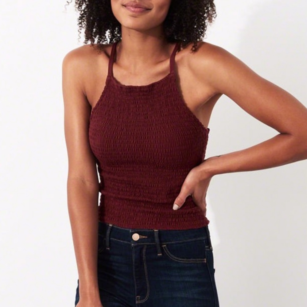 Hollister Burgundy Smocked High-Neck Tank Top